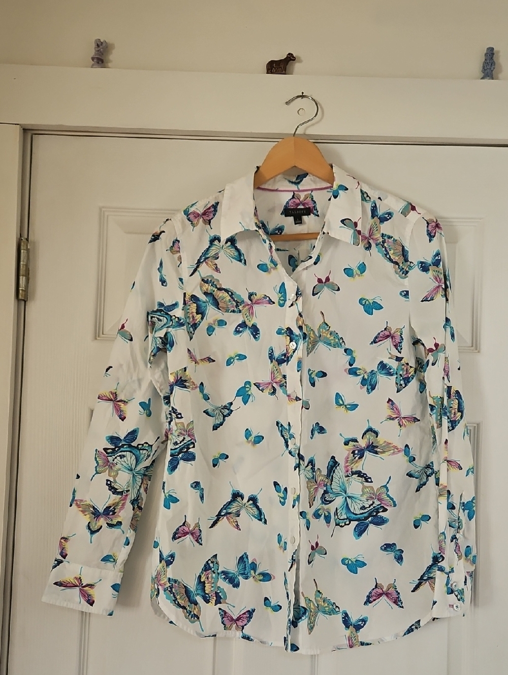 Talbots White Top with Blue and Pink Butterfly Print S